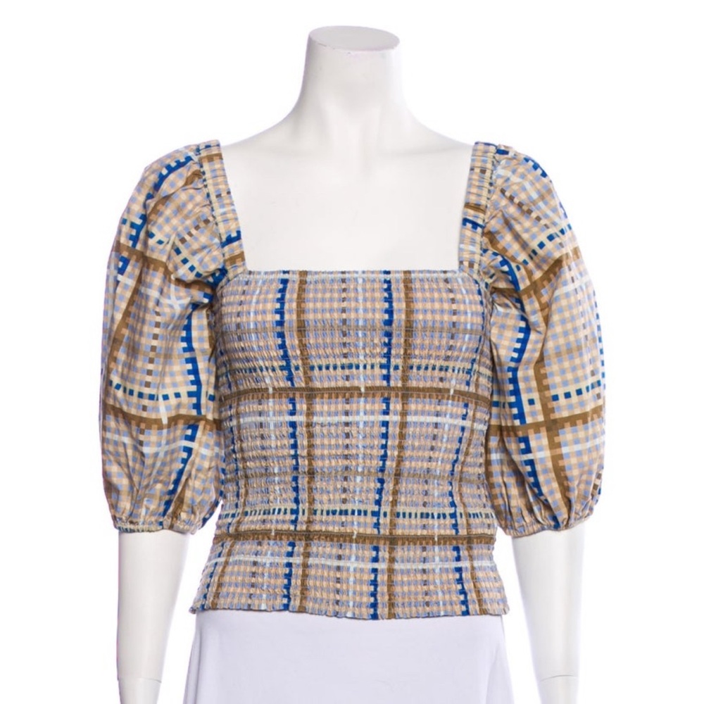 GANNI Plaid Puff Sleeve Top